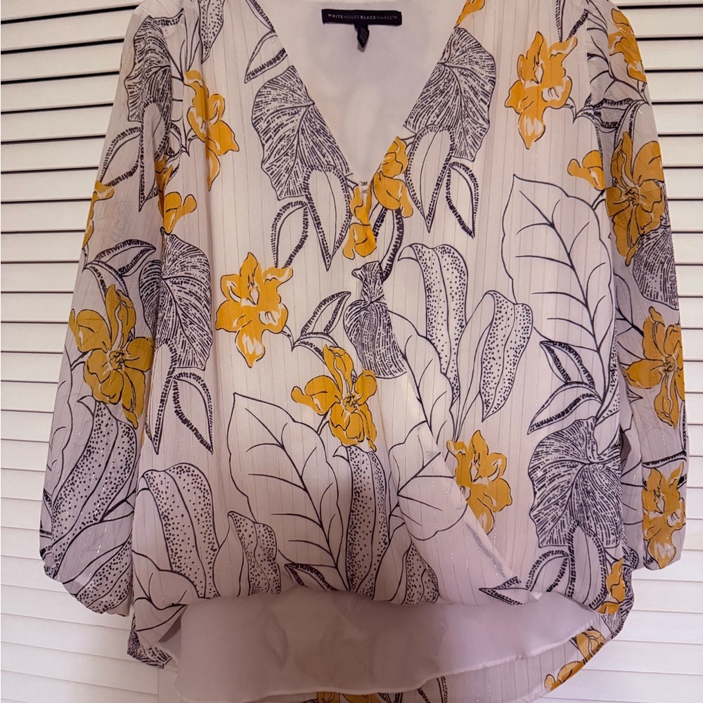 White House Black Market Floral Blouse - Yellow and Gray